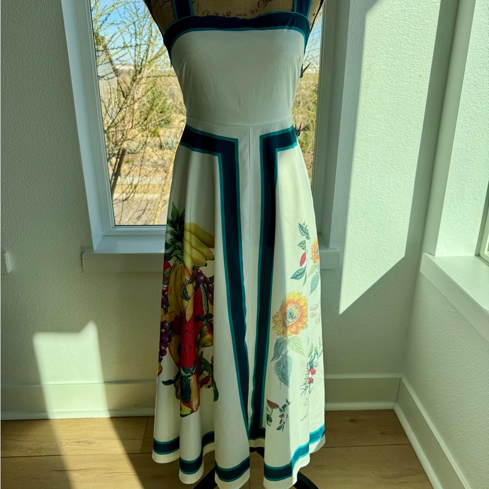 White Floral-Print Midi Dress with Teal Trim fruit print ( similar to farm rio)